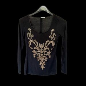 Y2K Cache Womens Black Gold Studded Long Sleeve Scoop Neck Top RN74578